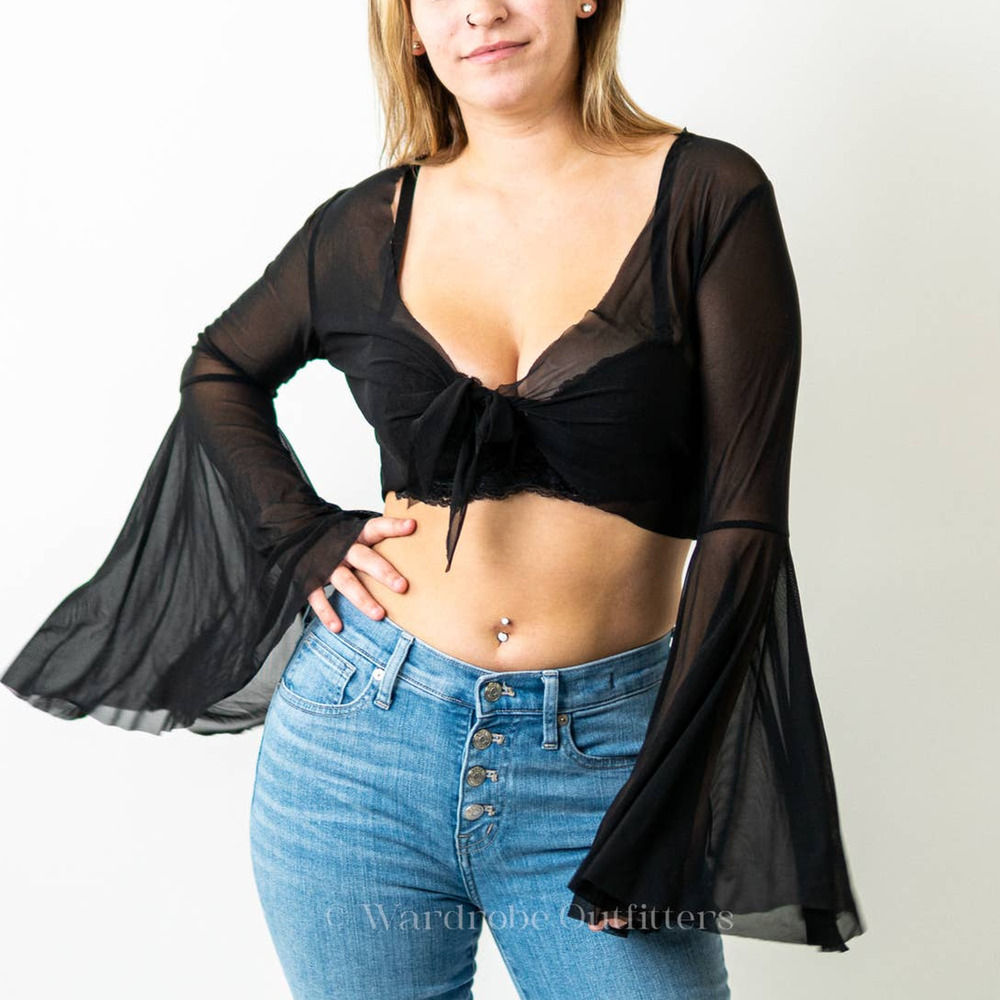 Goth Sheer Black Flounce Sleeve Wrap Top - Picture 2 of 9